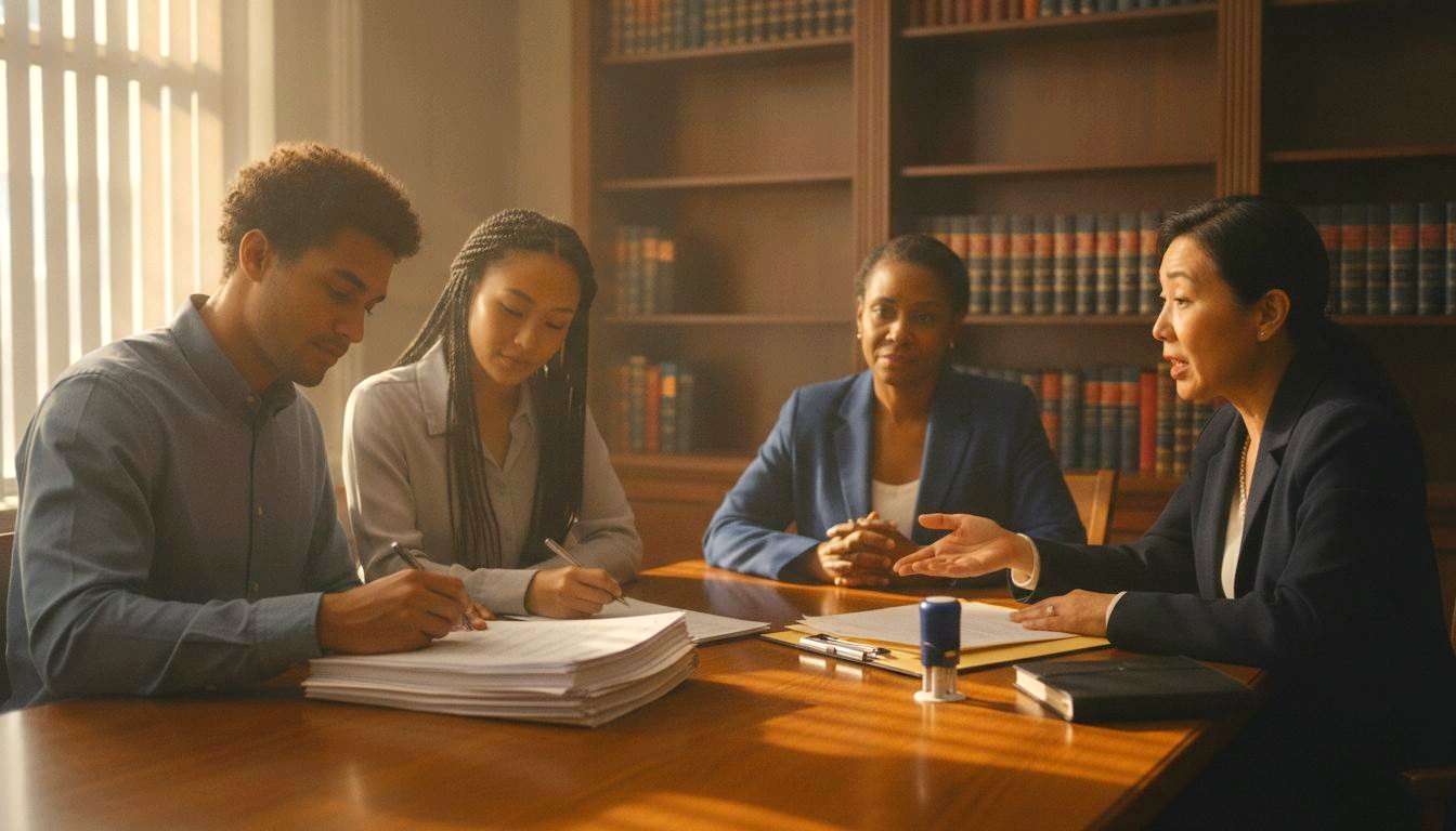 A South Carolina attorney leads a real-estate signing at a conference table while a notary waits beside the signers with her stamp and journal.