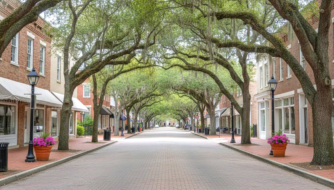 Live oaks arching over a brick street in downtown Summerville, South Carolina.