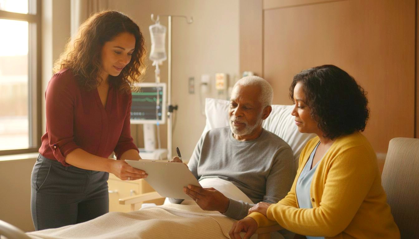 A notary at a hospital bedside as an older patient signs a document, his daughter standing beside the bed.
