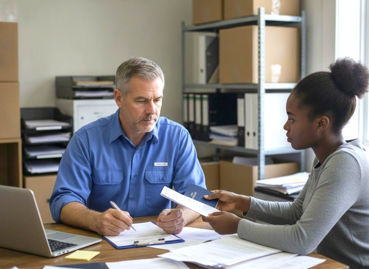 An employer's authorized representative examines a new hire's passport beside a Form I-9 in a back office.