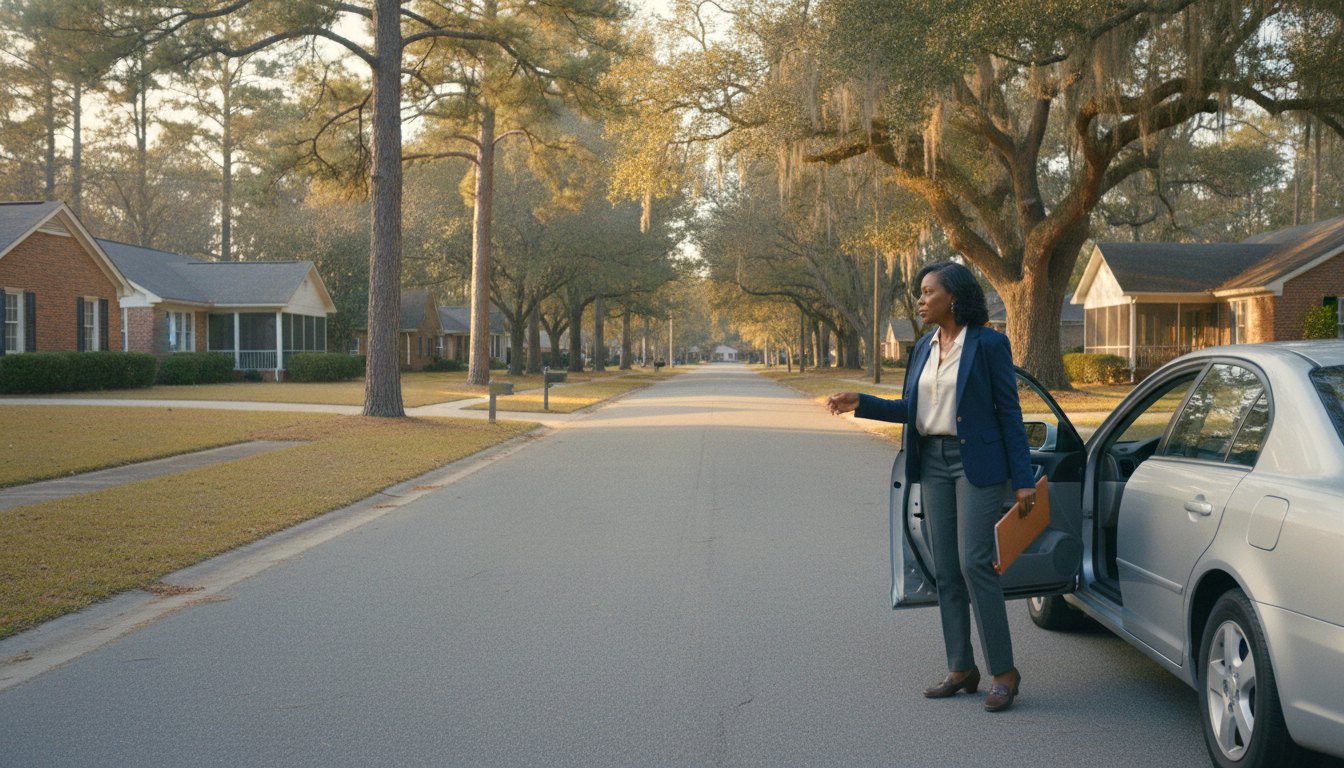 A notary steps out of her car with a document folder on a quiet residential street of brick houses, pines and live oaks in Ladson, South Carolina.